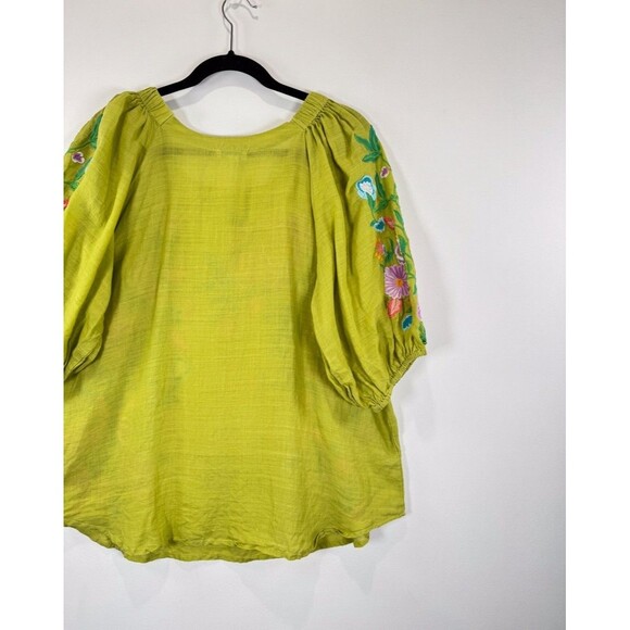 Sundance Womens Top Green Embroidered Floral Ramie 3/4 Sleeve Blouse Boho Large - Picture 9 of 11